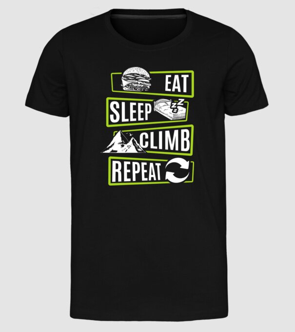Eat sleep climb repeat model negru pe tricou
