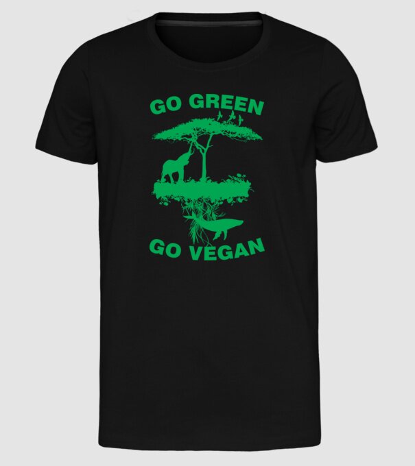go green go vegan model negru pe tricou