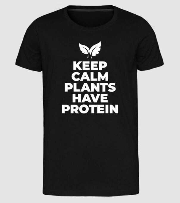 keep calm plant protein model negru pe tricou