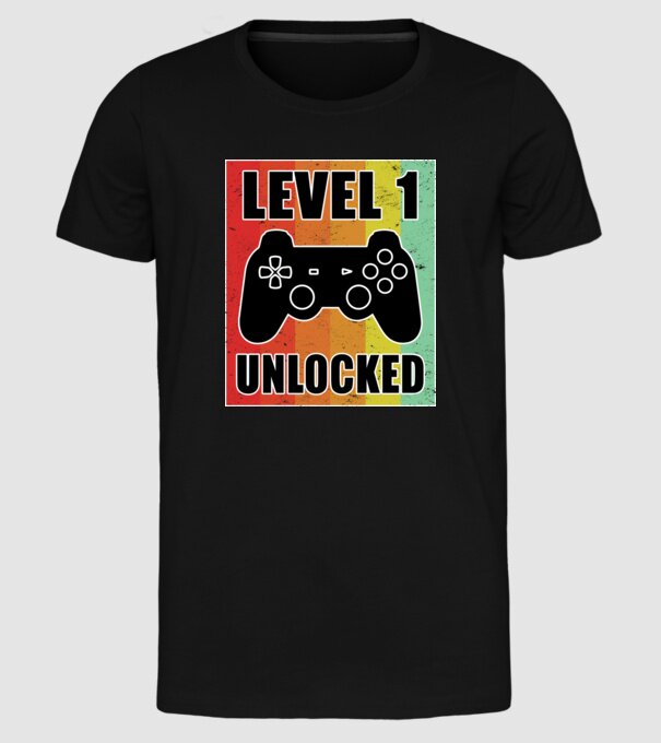 level 1 unlocked retro gamer model negru pe tricou