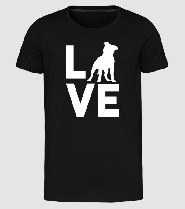 LOVE Staffordshire Terrier model negru pe tricou