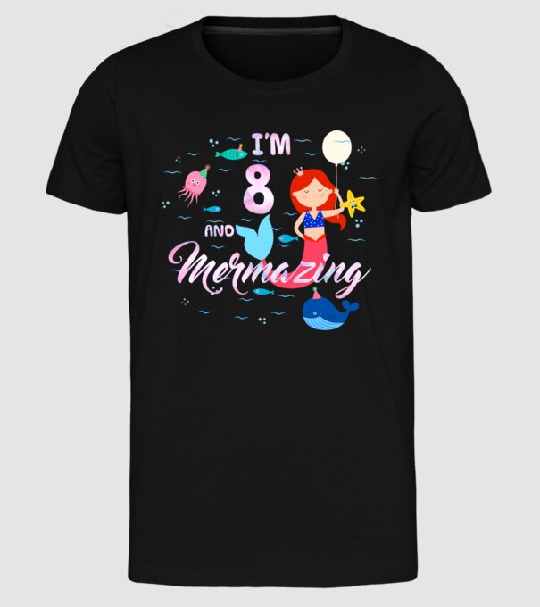 Mermazing Birthday 8 model negru pe tricou