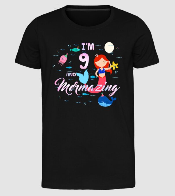 Mermazing Birthday 9 model negru pe tricou