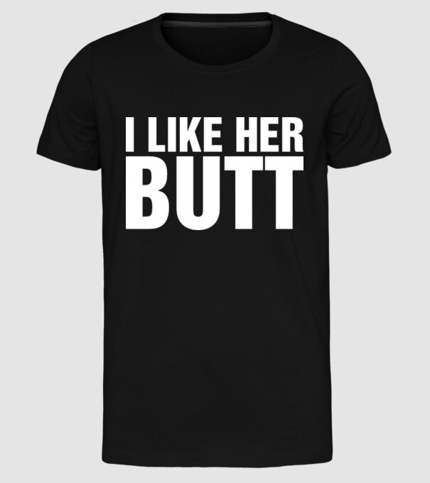 Motiv cuplu I like her butt model negru pe tricou