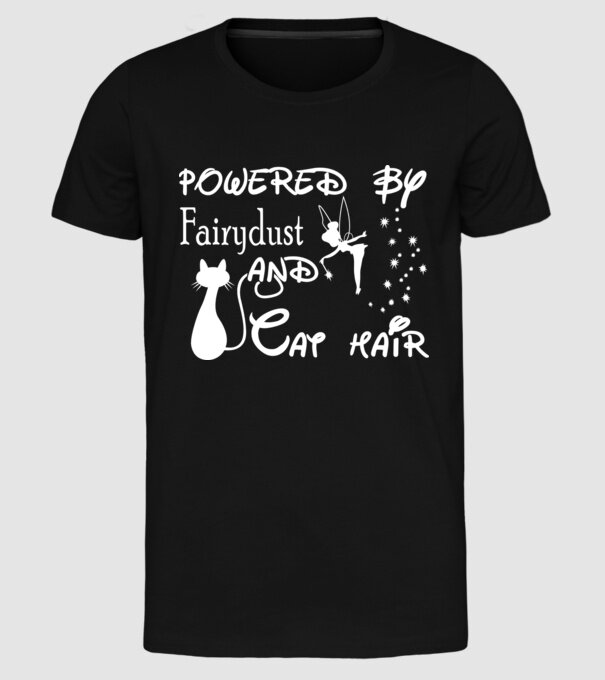 Powered by fairydust and cat hair model negru pe tricou