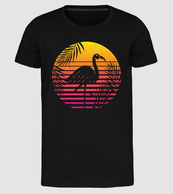Retro flamingo sunset model negru pe tricou