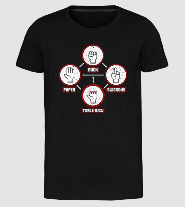 Rock Paper Scissors TABLE SAW model negru pe tricou
