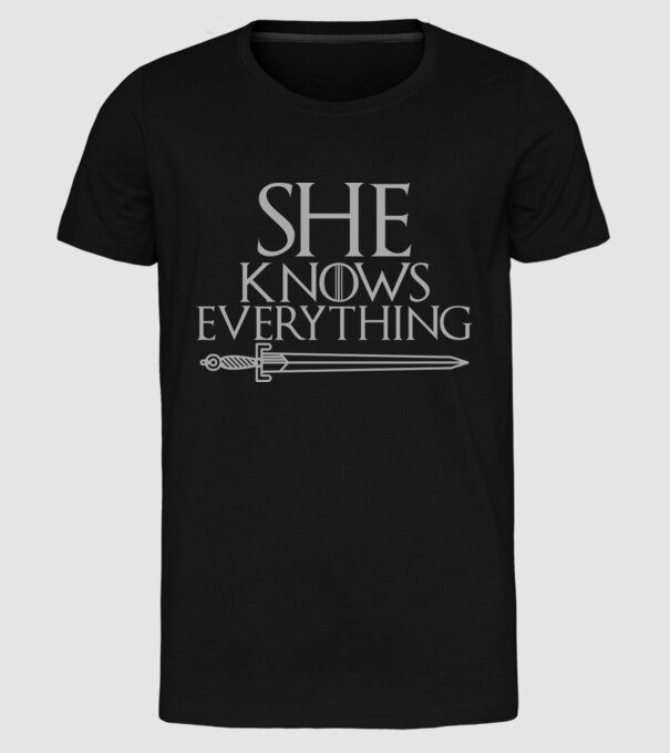 Cuplu She knows everything model negru pe tricou
