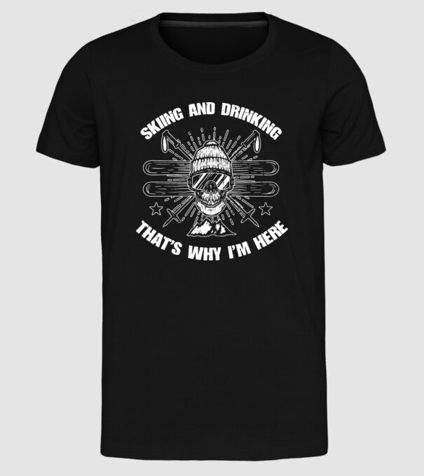 Skiing and drinking model negru pe tricou
