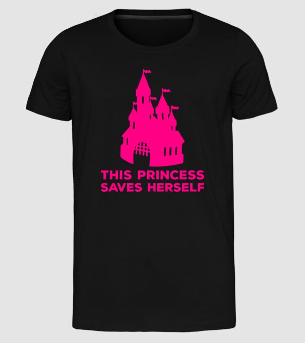 This princess saves herself model negru pe tricou