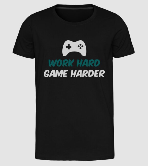Work hard, game harder model negru pe tricou