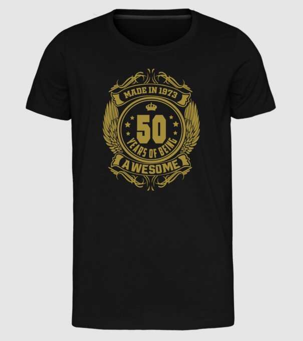 50 years of being awesome winged model negru pe tricou