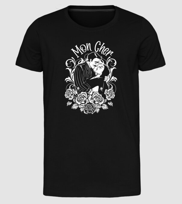 Addams family couple shirt Morticia and Gomez Mon cher model negru pe tricou