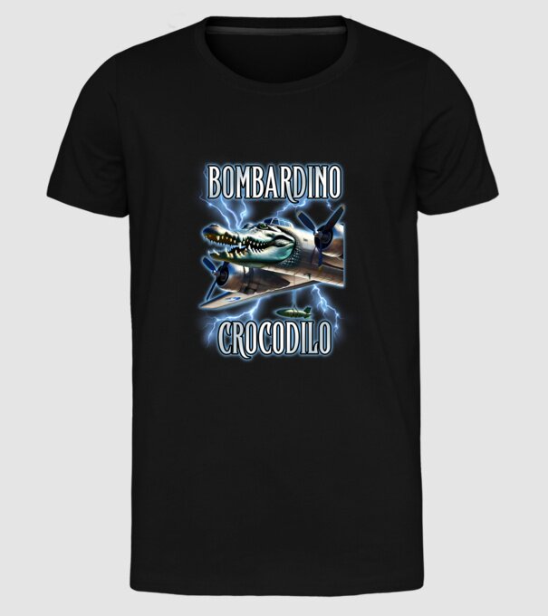 Bombardino Crocodilo model negru pe tricou