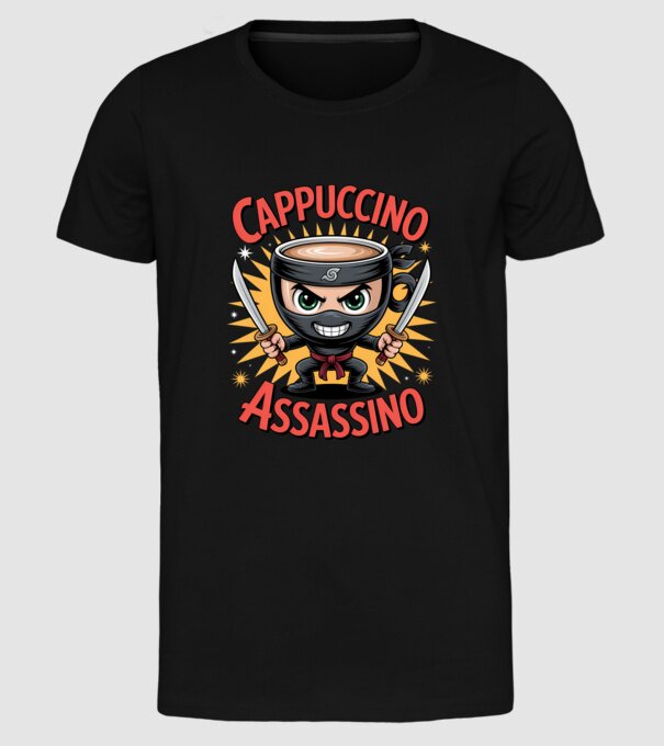 Cappuccino Assasino model negru pe tricou