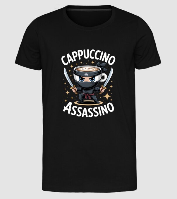 Cappuccino Assassino model negru pe tricou