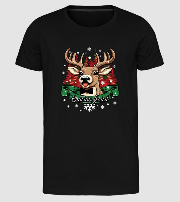Cerb de Crăciun model negru pe tricou