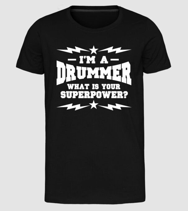 Drummer Superpower model negru pe tricou