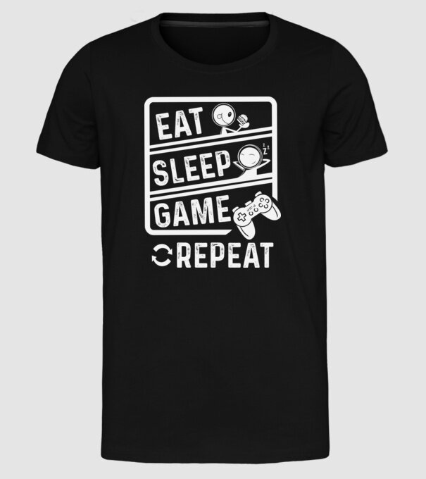 Eat sleep game repeat model negru pe tricou