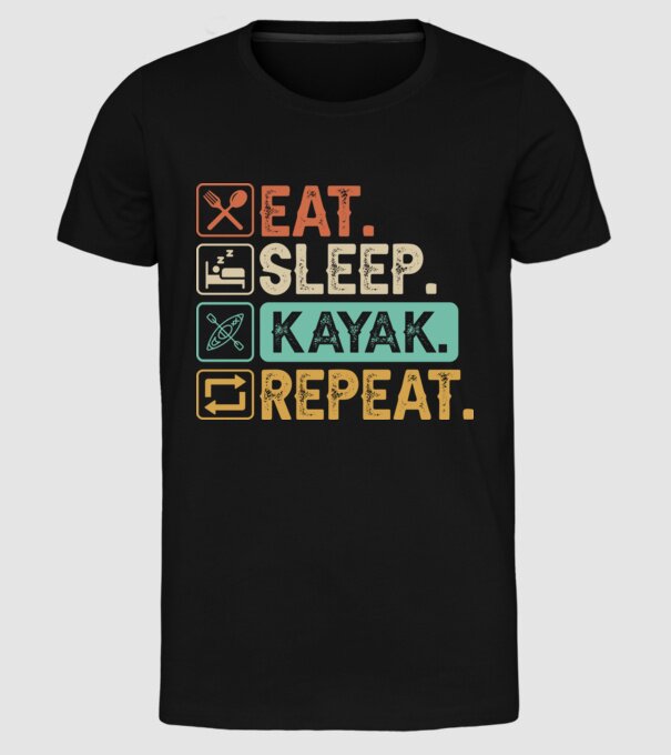 Eat Sleep Kayak model negru pe tricou