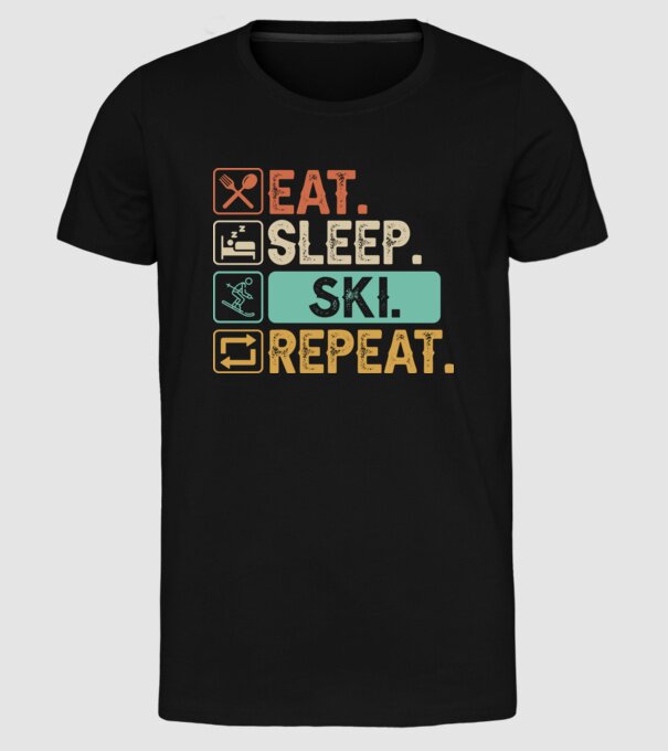 Eat Sleep SKI Repeat model negru pe tricou