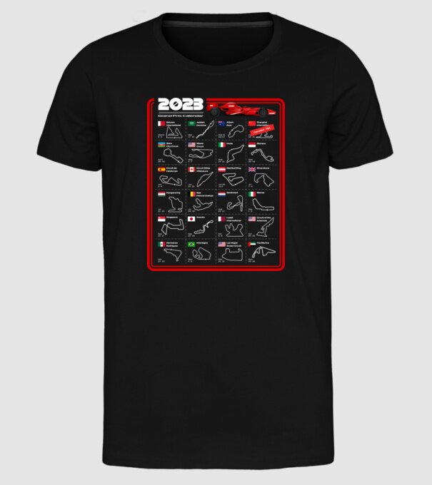F1 2023 Formula Grand prix calendar model negru pe tricou
