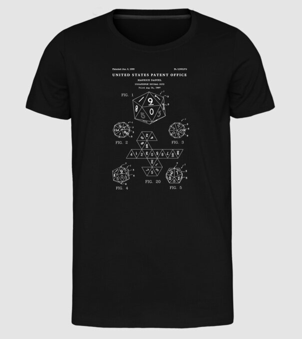 Icosahedron decimal dice patent model negru pe tricou