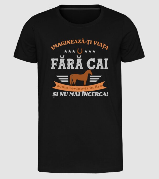 Imaginează-ți viața fără cai, acum revino-ți în fire și nu mai încerca! model negru pe tricou