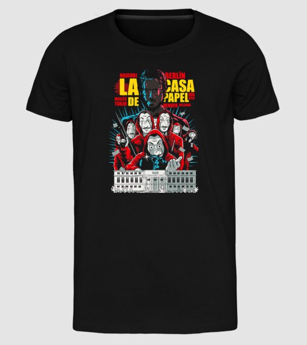 La casa de papel ilutración model negru pe tricou