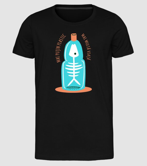 mai puțin plastic, mai multă viață model negru pe tricou