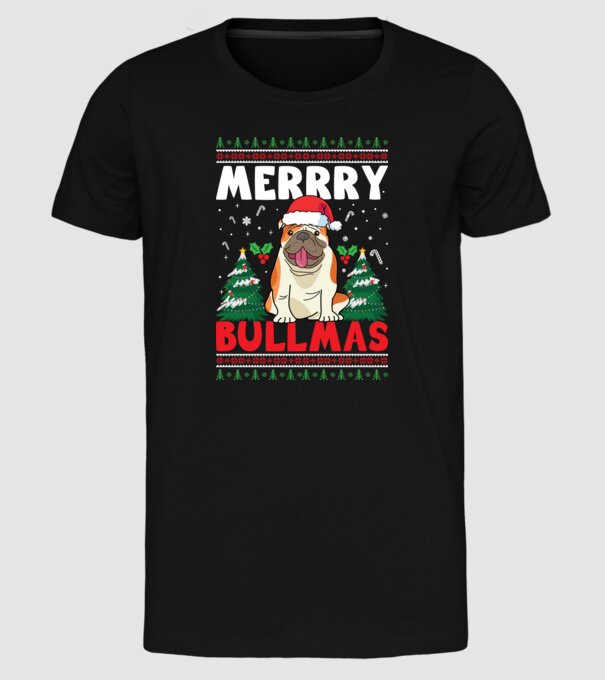 Merry bullmas ugly sweater model negru pe tricou