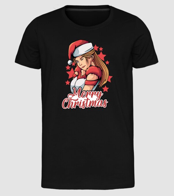 Merry christmas santa girl model negru pe tricou