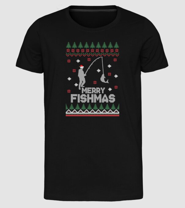 Merry Fishmas model negru pe tricou