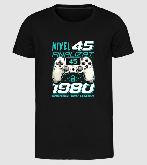Nivel finalizat 45 1980 model negru pe tricou