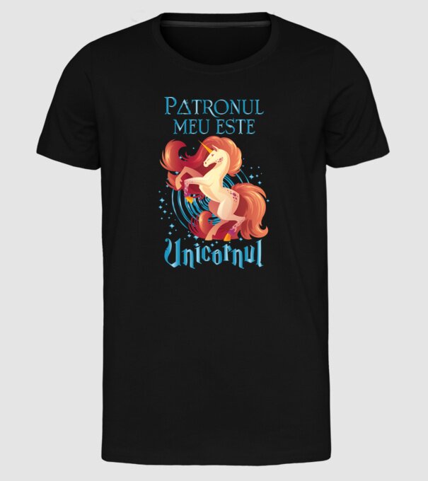 Patronul meu este UNICORNUL model negru pe tricou