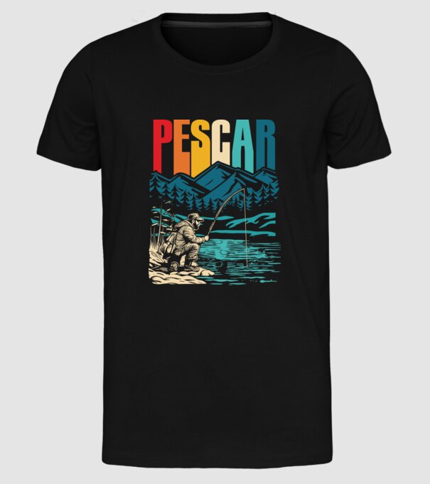 Pescar retro model negru pe tricou