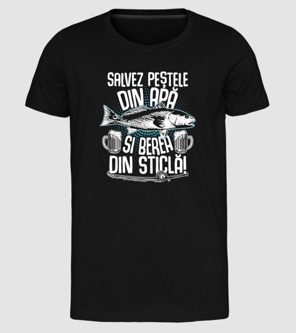 salvez peștele din apă și berea din sticlă model negru pe tricou