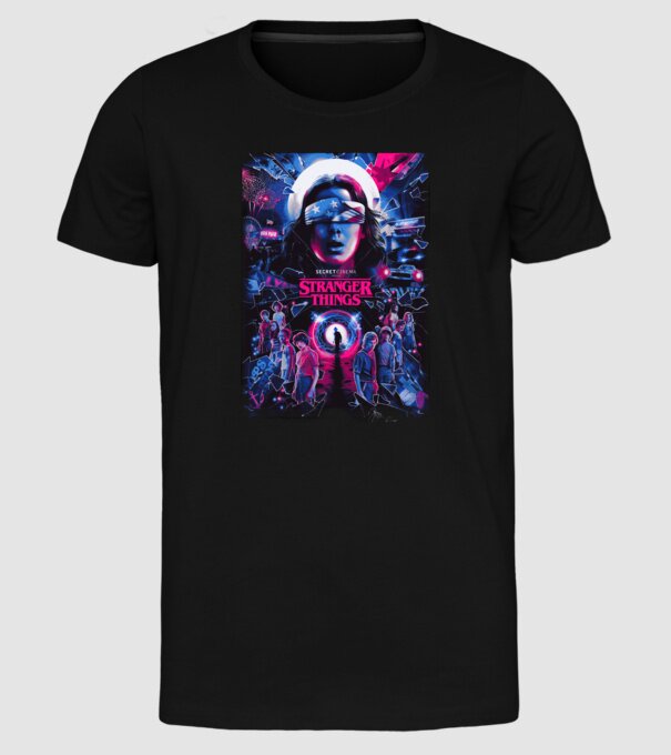 stranger things poster neon model negru pe tricou