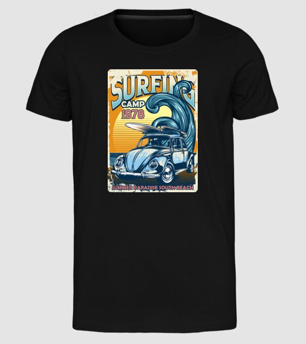 Surfer Camp model negru pe tricou