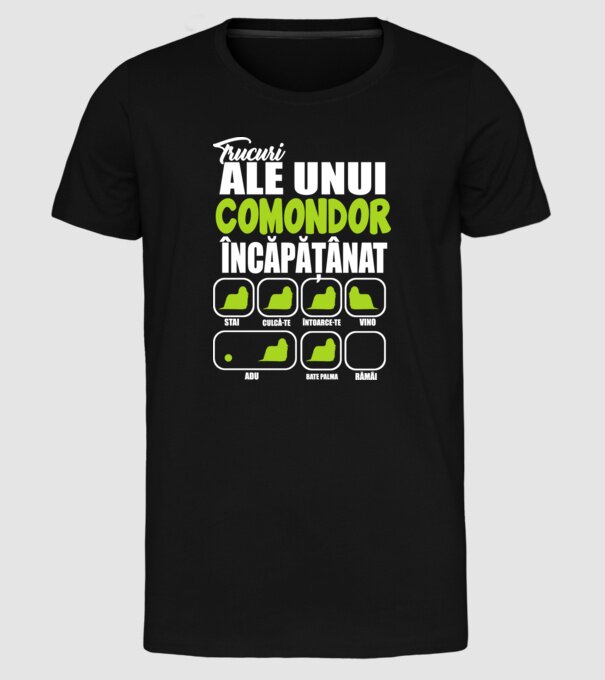 trucuri ale unui comondor încăpățânat stai, culcă-te, întoarce-te, vino, adu, bate palma, rămâi model negru pe tricou