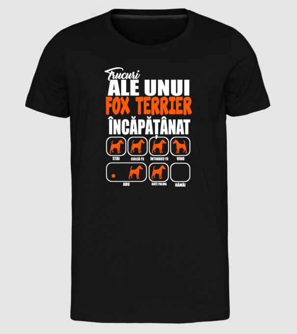 trucuri ale unui fox terrier încăpățânat stai, culcă-te, întoarce-te, vino, adu, bate palma, rămâi model negru pe tricou