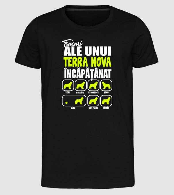 trucuri ale unui Terra Nova încăpățânat stai, culcă-te, întoarce-te, vino, adu, bate palma, rămâi model negru pe tricou