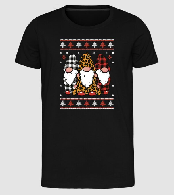 Ugly sweater gnomes model negru pe tricou