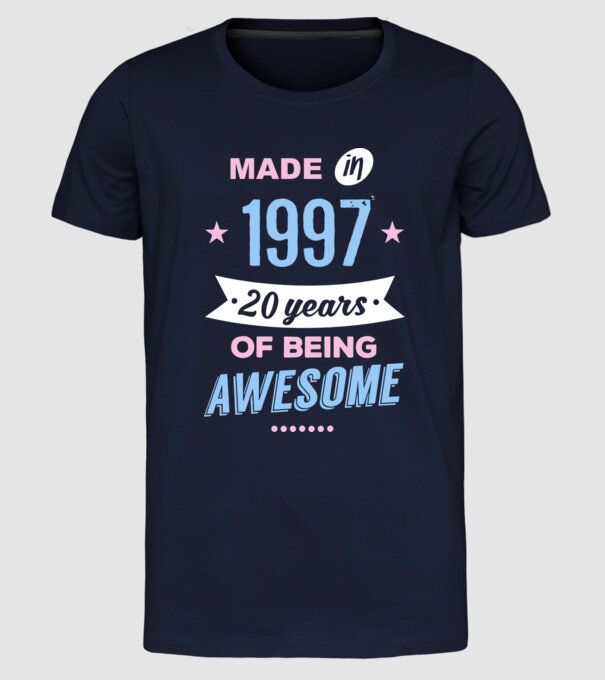 Made in - 1997 model albastru închis pe tricou