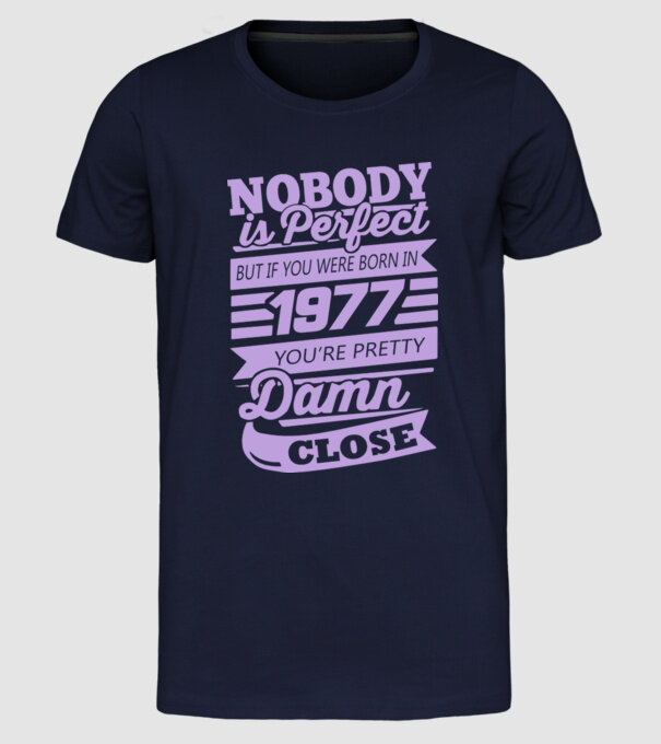 Nobody 1977 model albastru închis pe tricou