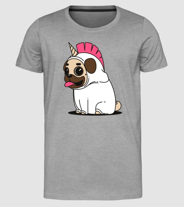 Pug Unicorn model gri pe tricou