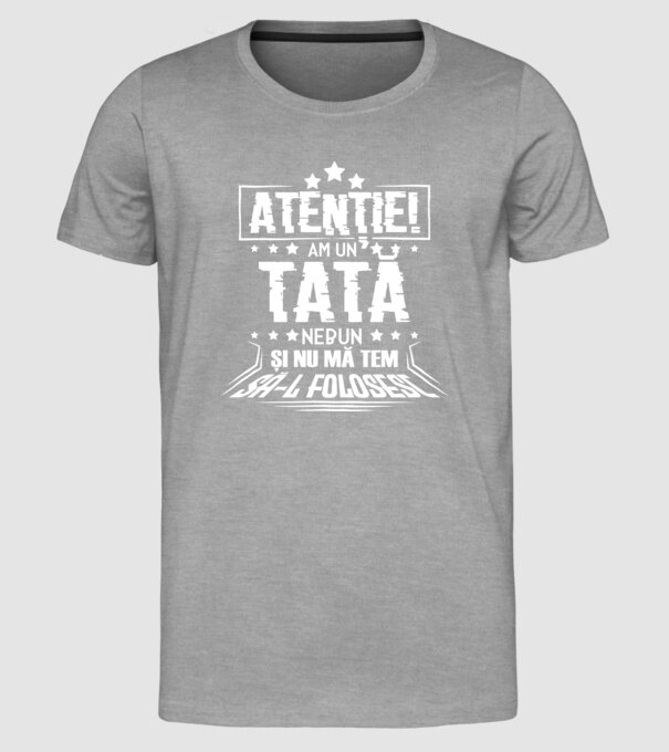 Atenție! Am un tată nebun și nu mă tem să-l folosesc. model gri pe tricou