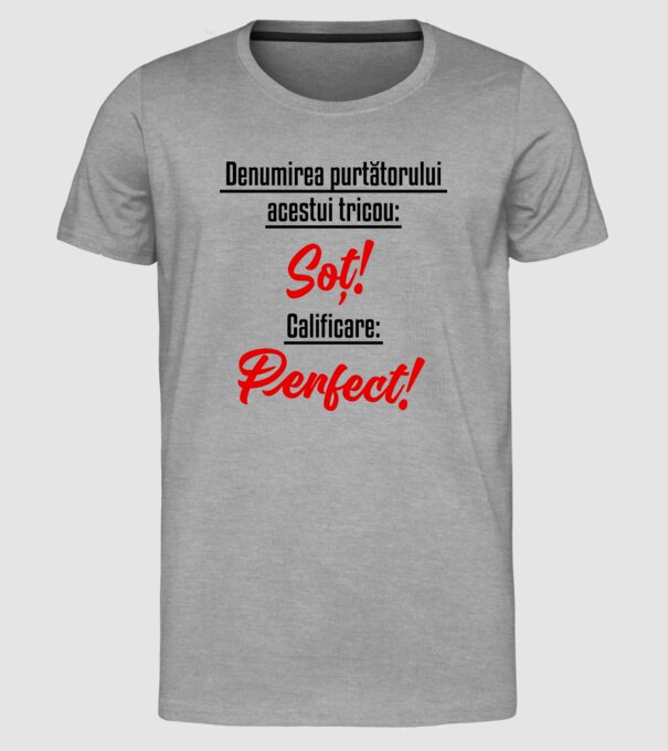 Denumirea purtătorului acestui tricou: Soț! Calificare: Perfect! model gri pe tricou