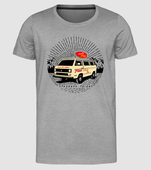 surfer boy pizza bus stranger things model gri pe tricou