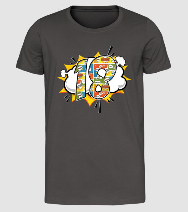Birthday Comic Number 18 model gri închis pe tricou